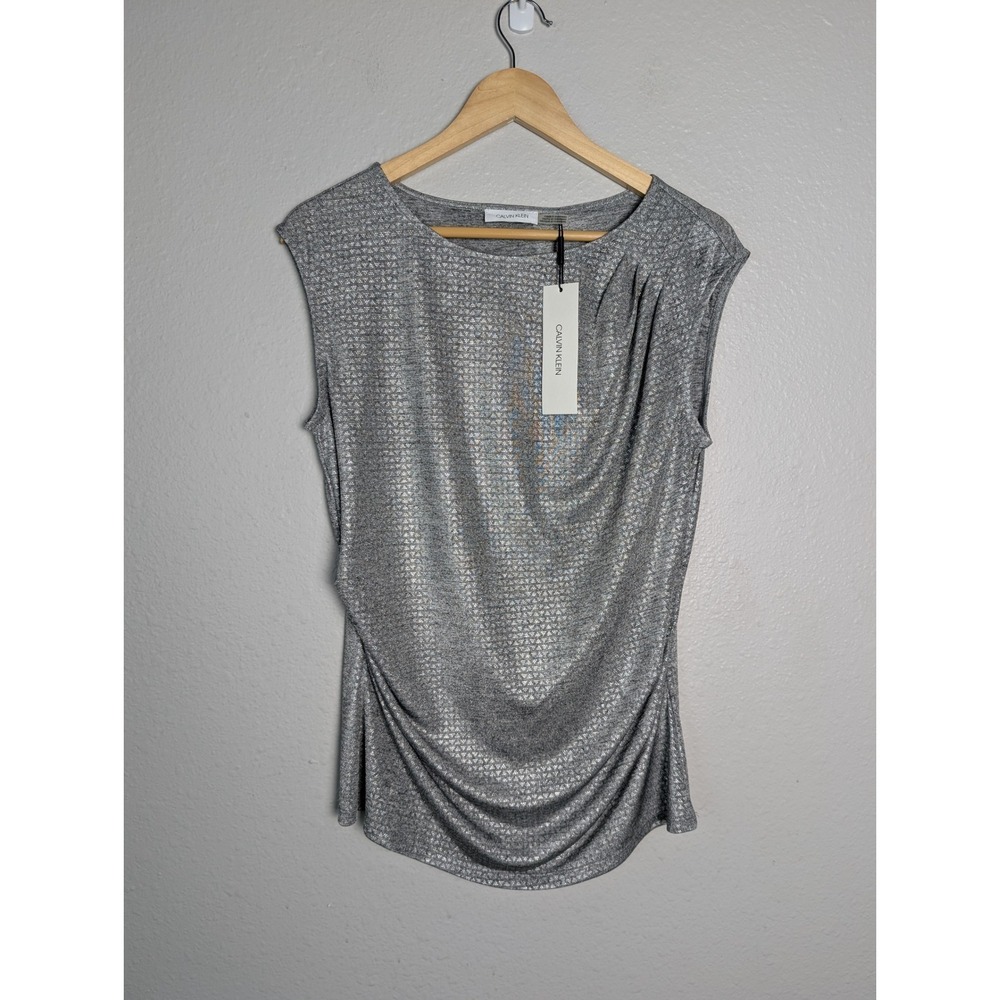 Calvin Klein Womens Silver Metallic Ruched Sleeveless Boat Neck Top M1AHL802 M - Picture 2 of 10
